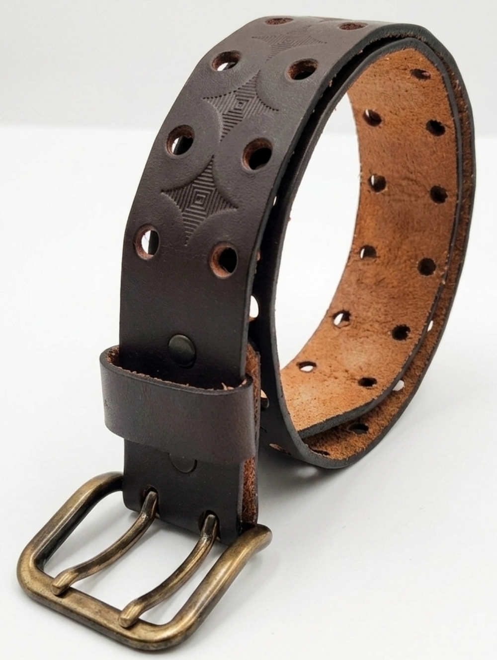 Women's Brown Leather Studded Belt with Antique Brass Buckle